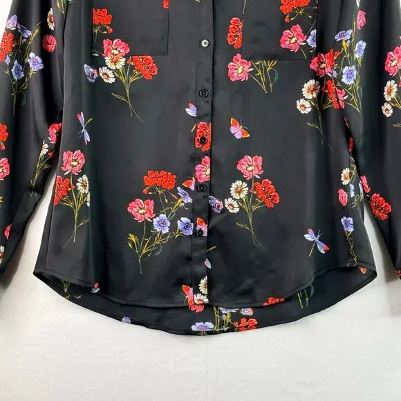 Express The Portofino Shirt Slim Fit Floral Long Sleeve Blouse Black Red Small - Picture 3 of 13